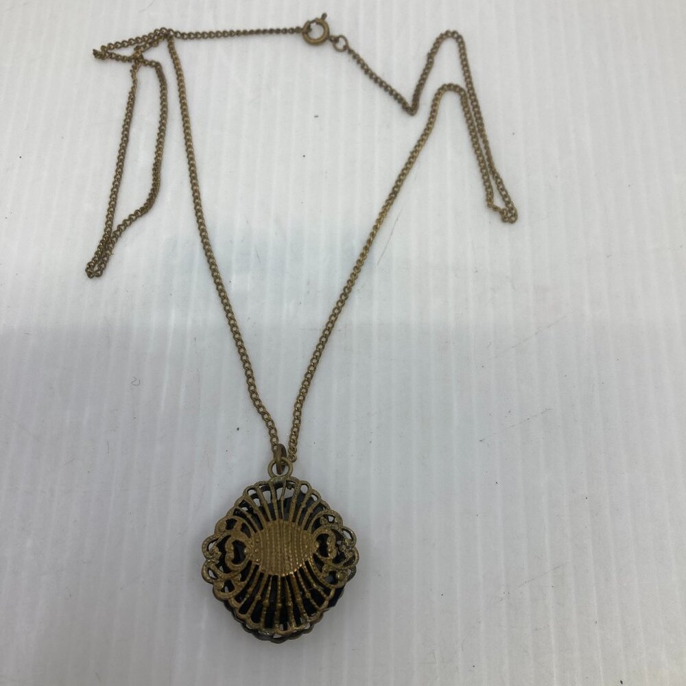 Vtg 1920s MAX NEIGER ? brass filigree amethyst glass pendant chain necklace